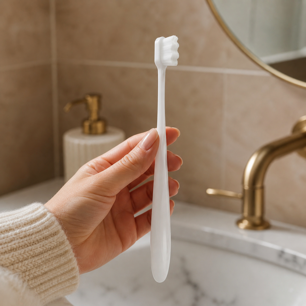 Close-up of a white ultra-soft pregnancy toothbrush held in a woman’s hand in a warm, premium bathroom setting.