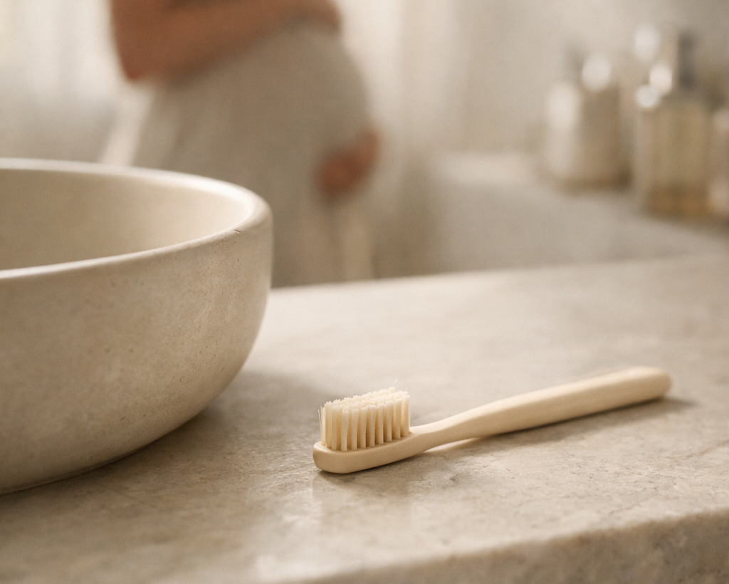 Traditional firm bristle toothbrush that may irritate sensitive and bleeding gums during pregnancy